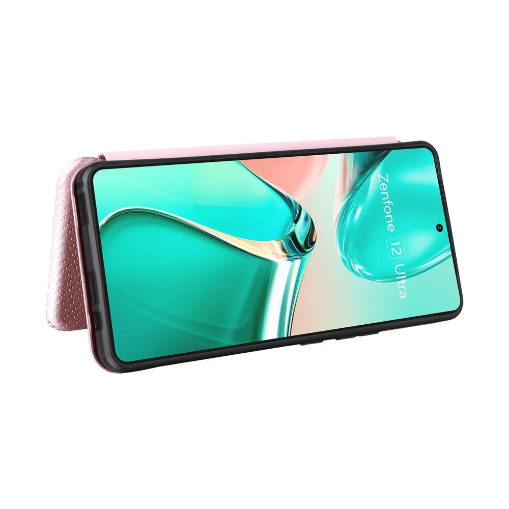 For Asus Zenfone 12 Ultra 5G Case Carbon Fiber Texture Drop-Proof PU Leather Phone Cover - Rose Gold - 3
