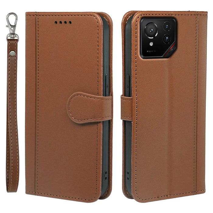 For Asus ROG Phone 9 5G Wallet Case Magnetic Snap Leather Phone Cover with Strap - Brown - 1