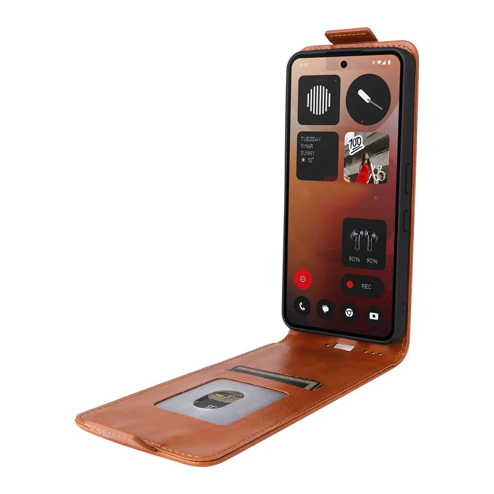 For Nothing Phone (3a) Pro Stand Case Magnetic Clasp Vertical Flip Leather Phone Cover with Card Holder - Orange - 2