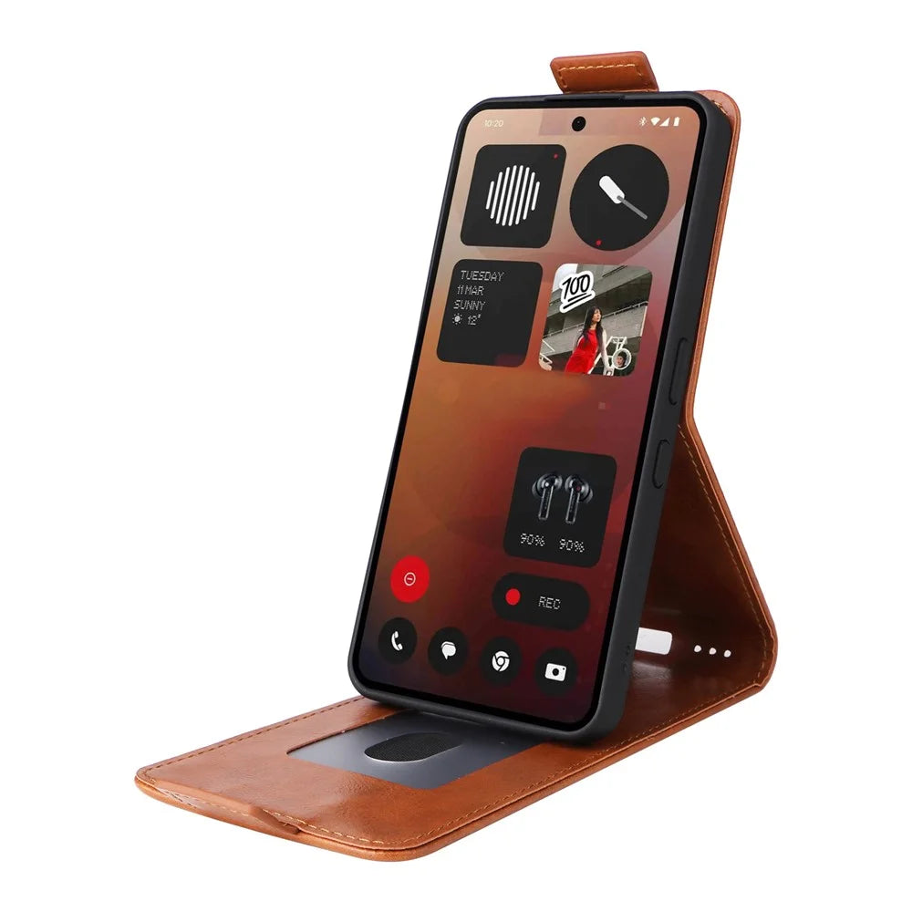 For Nothing Phone (3a) Pro Stand Case Magnetic Clasp Vertical Flip Leather Phone Cover with Card Holder - Orange - 3