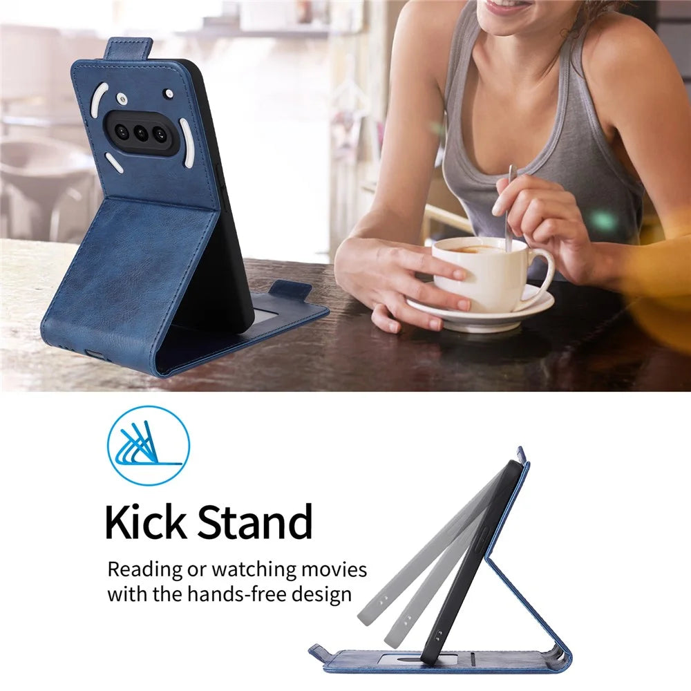 For Nothing Phone (3a) Stand Case Magnetic Clasp Vertical Flip Leather Phone Cover with Card Holder - Dark Blue - 6