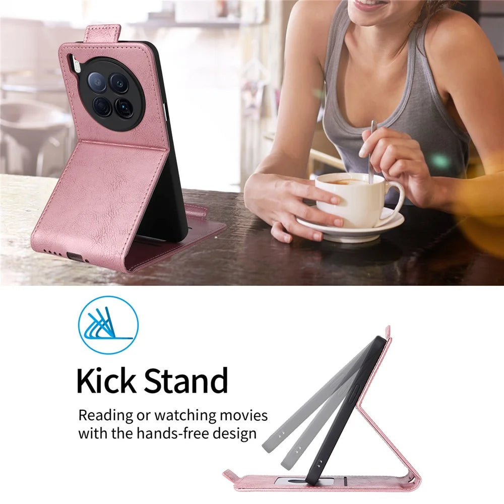 For TECNO Camon 40 Premier 5G Stand Case Magnetic Clasp Vertical Flip Leather Phone Cover with Card Holder - Rose Gold - 6