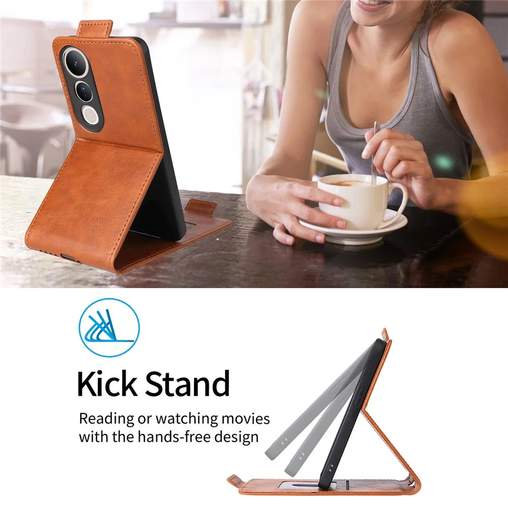 For vivo V50 Lite 5G Stand Case Magnetic Clasp Vertical Flip Leather Phone Cover with Card Holder - Orange - 6