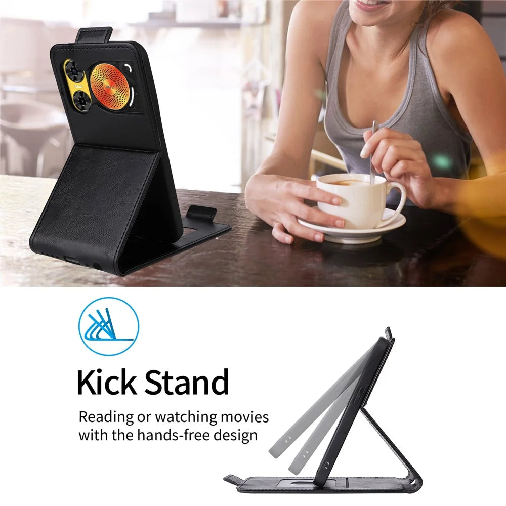 For ZTE nubia Music 2 Stand Case Magnetic Clasp Vertical Flip Leather Phone Cover with Card Holder - Black - 6