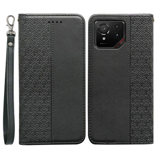 For Asus ROG Phone 9 5G Wallet Phone Case Checkered Pattern Imprint Leather Flip Cover with Wrist Strap - Black - 1