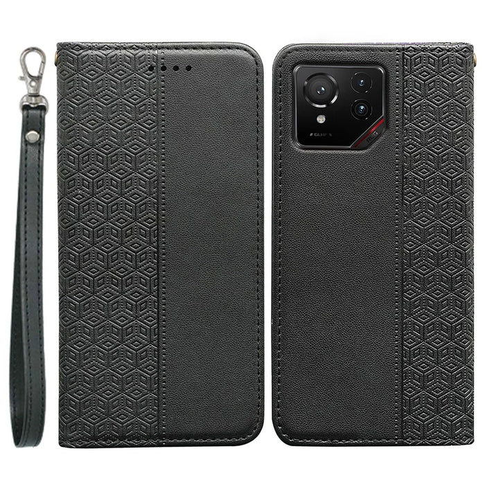 For Asus ROG Phone 9 5G Wallet Phone Case Checkered Pattern Imprint Leather Flip Cover with Wrist Strap - Black - 1