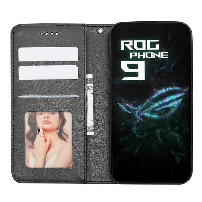 For Asus ROG Phone 9 5G Wallet Phone Case Checkered Pattern Imprint Leather Flip Cover with Wrist Strap - Black - 2