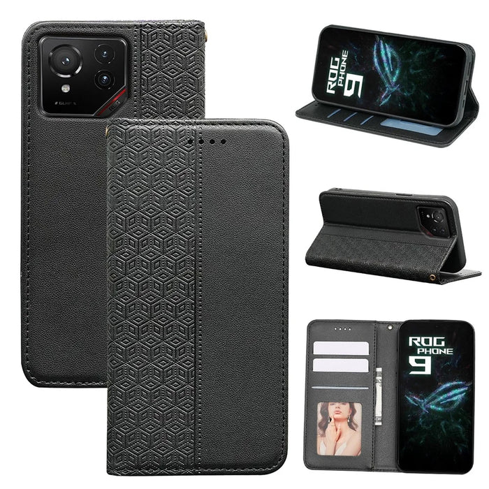For Asus ROG Phone 9 5G Wallet Phone Case Checkered Pattern Imprint Leather Flip Cover with Wrist Strap - Black - 5