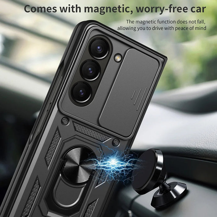 For Samsung Galaxy Z Fold7 5G Case with Slide Camera Lid PC + TPU Kickstand Phone Cover - Black - 6