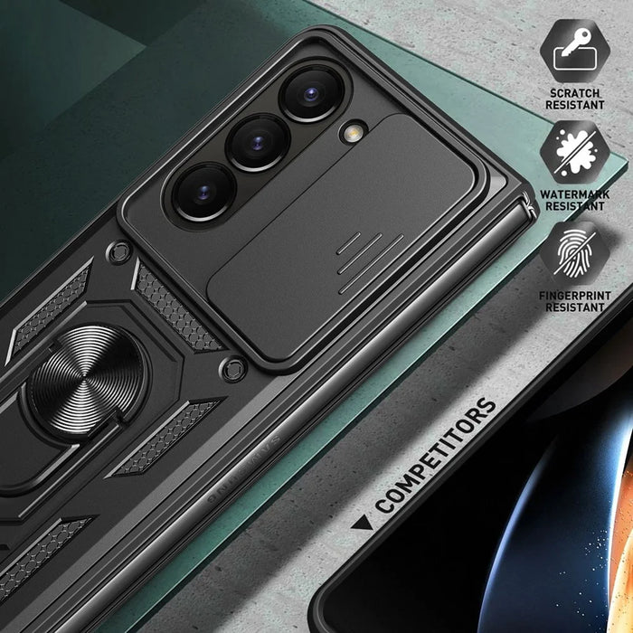 For Samsung Galaxy Z Fold7 5G Case with Slide Camera Lid PC + TPU Kickstand Phone Cover - Black - 7