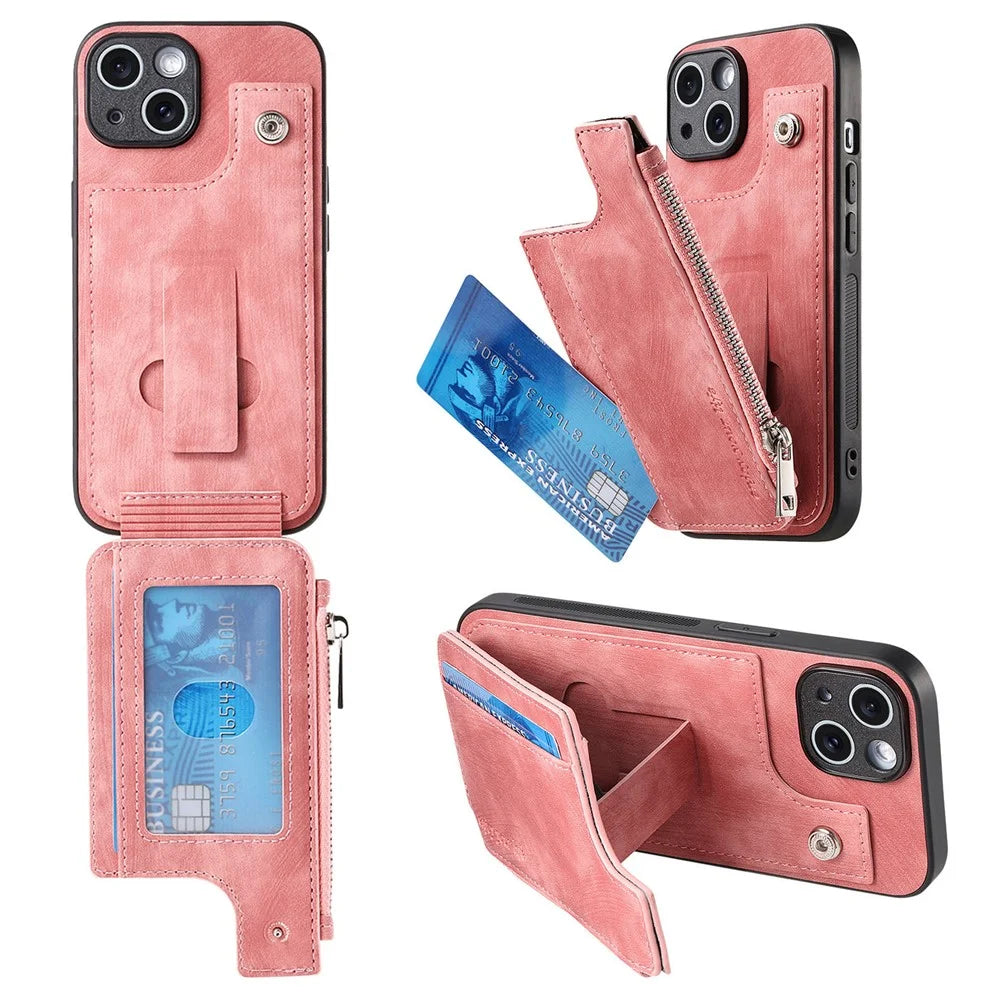 For iPhone 14 Case Zipper Card Holder Kickstand Leather + PC + TPU Phone Cover - Pink - 1