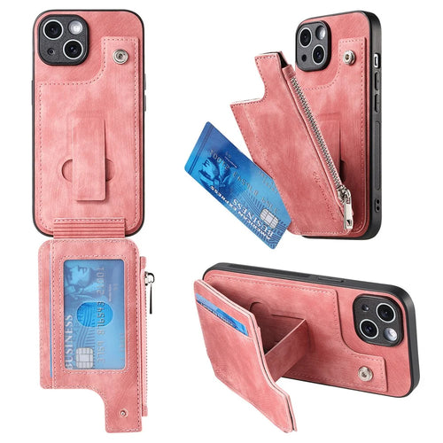 For iPhone 14 Case Zipper Card Holder Kickstand Leather + PC + TPU Phone Cover - Pink - 1