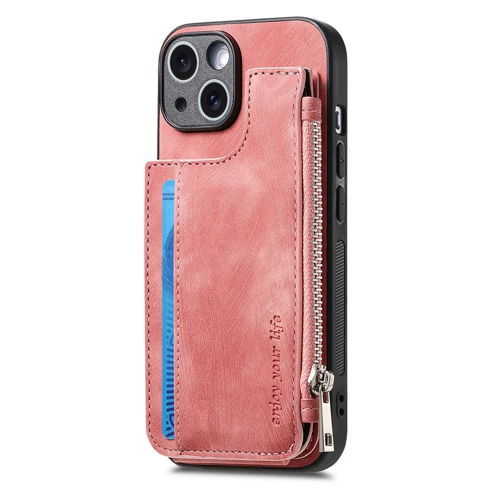 For iPhone 14 Case Zipper Card Holder Kickstand Leather + PC + TPU Phone Cover - Pink - 2