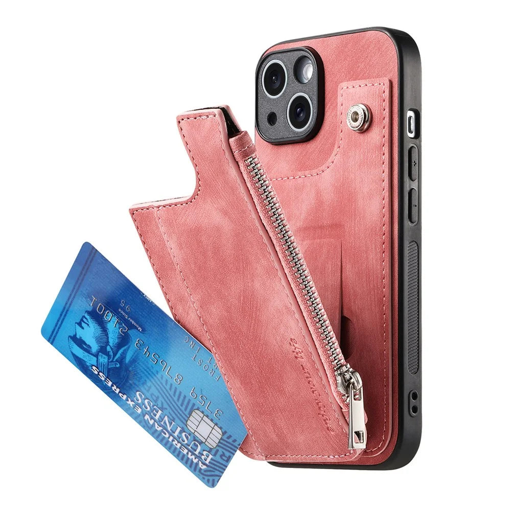 For iPhone 14 Case Zipper Card Holder Kickstand Leather + PC + TPU Phone Cover - Pink - 3