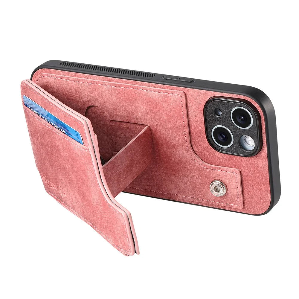 For iPhone 14 Case Zipper Card Holder Kickstand Leather + PC + TPU Phone Cover - Pink - 4