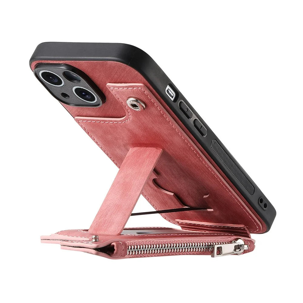 For iPhone 14 Case Zipper Card Holder Kickstand Leather + PC + TPU Phone Cover - Pink - 5