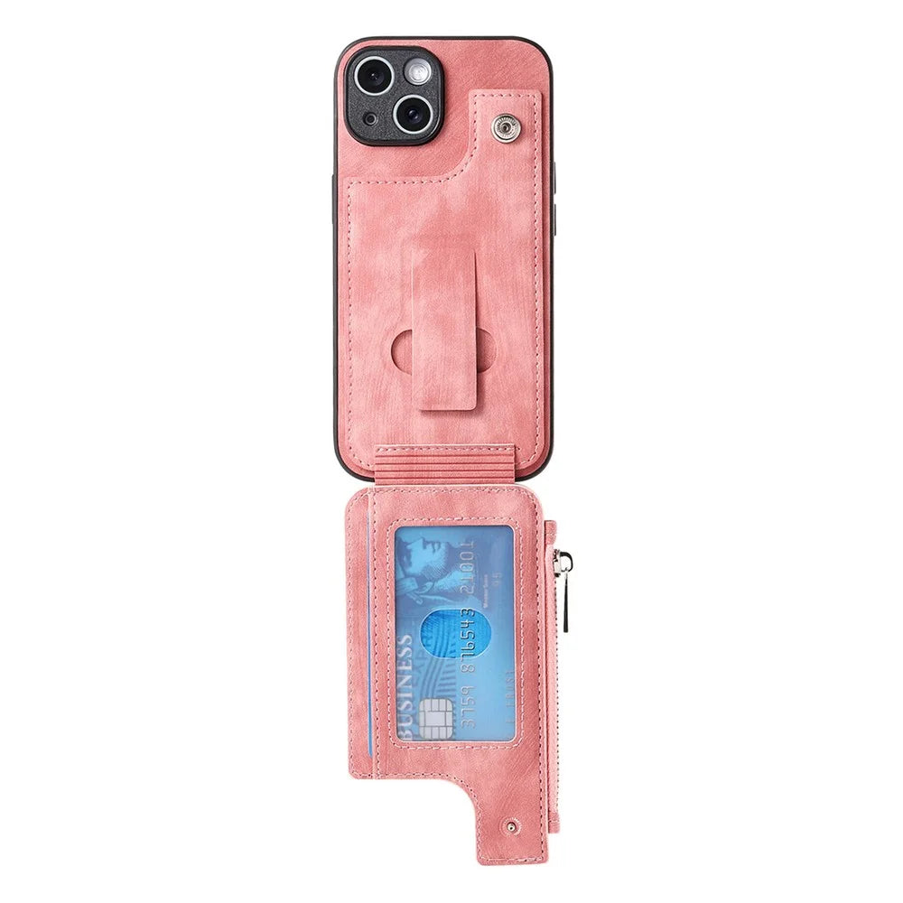 For iPhone 14 Case Zipper Card Holder Kickstand Leather + PC + TPU Phone Cover - Pink - 6