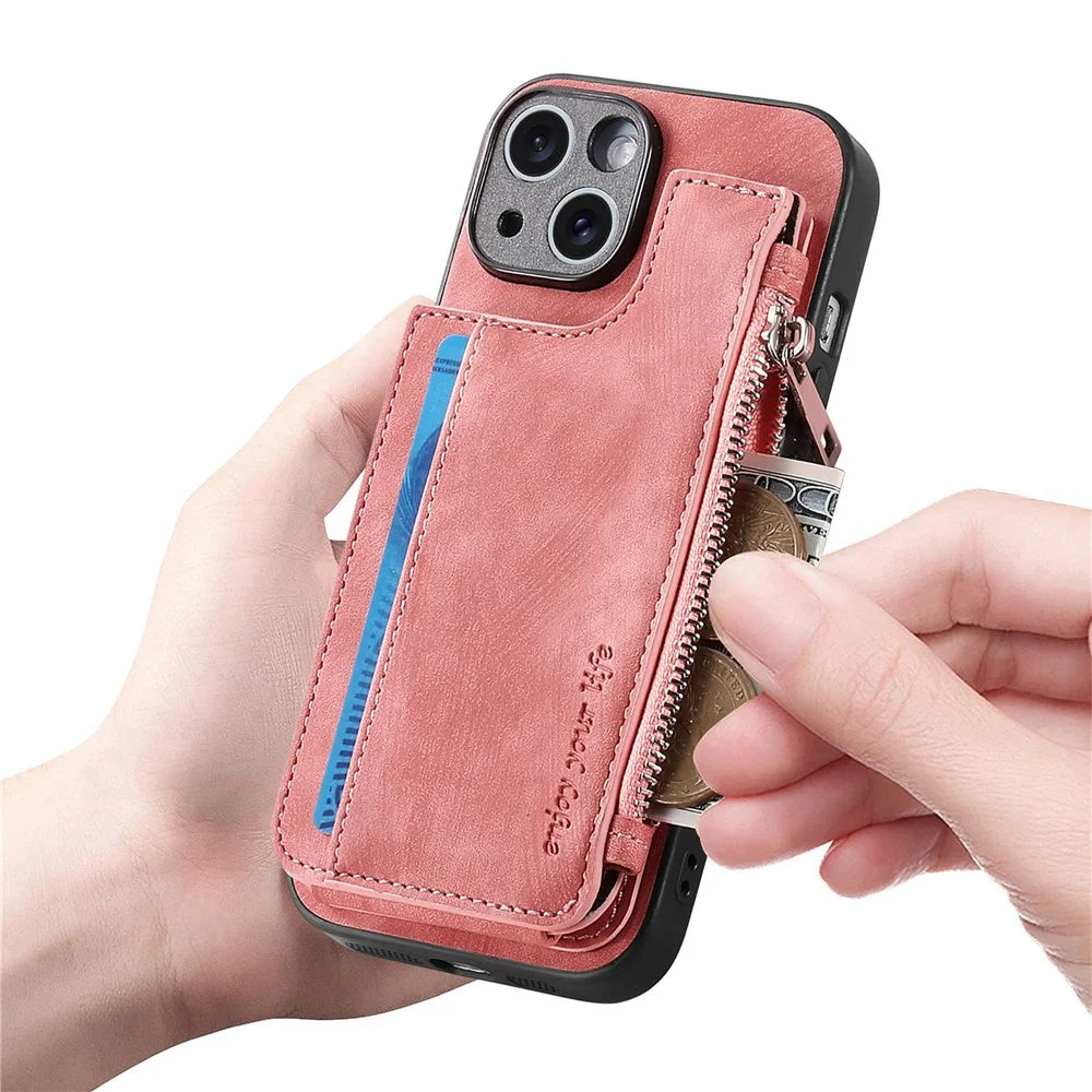 For iPhone 14 Case Zipper Card Holder Kickstand Leather + PC + TPU Phone Cover - Pink - 7