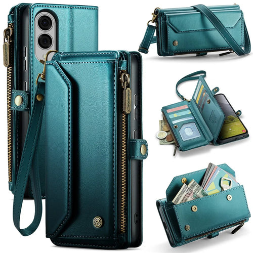 CASEME For Samsung Galaxy S25 Edge Leather Case  C36 Zipper Multiple Card Slots Phone Cover with Straps - Green - 1