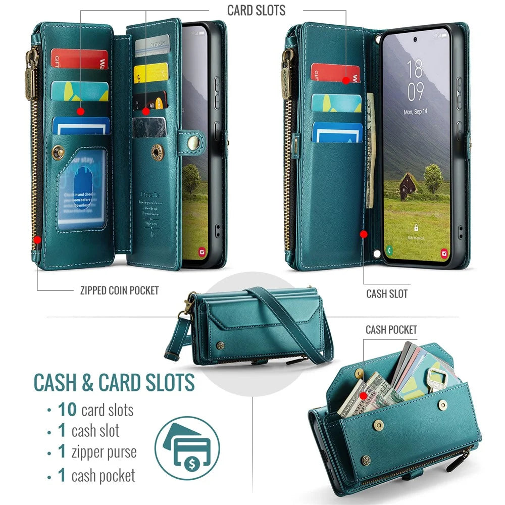 CASEME For Samsung Galaxy S25 Edge Leather Case  C36 Zipper Multiple Card Slots Phone Cover with Straps - Green - 2