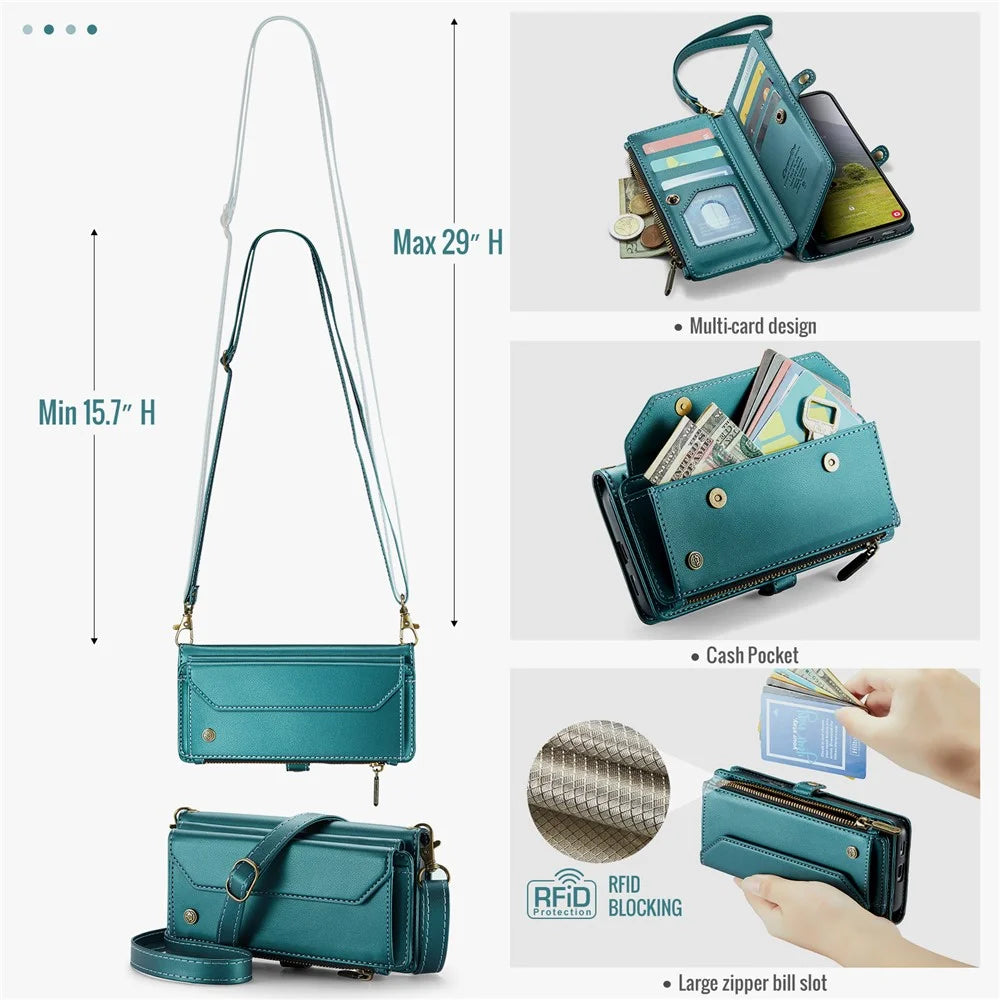 CASEME For Samsung Galaxy S25 Edge Leather Case  C36 Zipper Multiple Card Slots Phone Cover with Straps - Green - 3