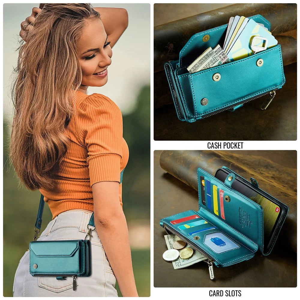 CASEME For Samsung Galaxy S25 Edge Leather Case  C36 Zipper Multiple Card Slots Phone Cover with Straps - Green - 4