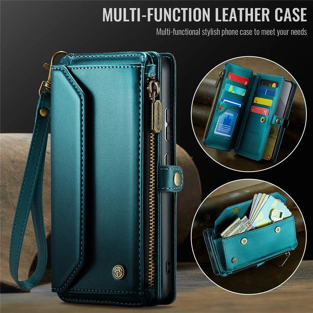 CASEME For Samsung Galaxy S25 Edge Leather Case  C36 Zipper Multiple Card Slots Phone Cover with Straps - Green - 7