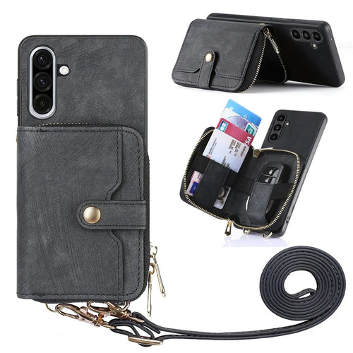 For Samsung Galaxy A56 5G PU Leather Phone Back Cover with Zipper Card Holder and Long Strap - Black - 1