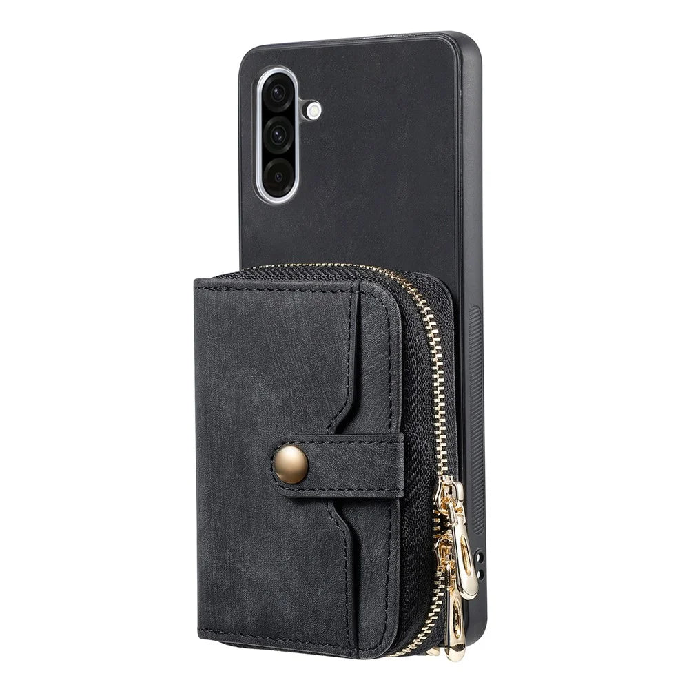 For Samsung Galaxy A56 5G PU Leather Phone Back Cover with Zipper Card Holder and Long Strap - Black - 3