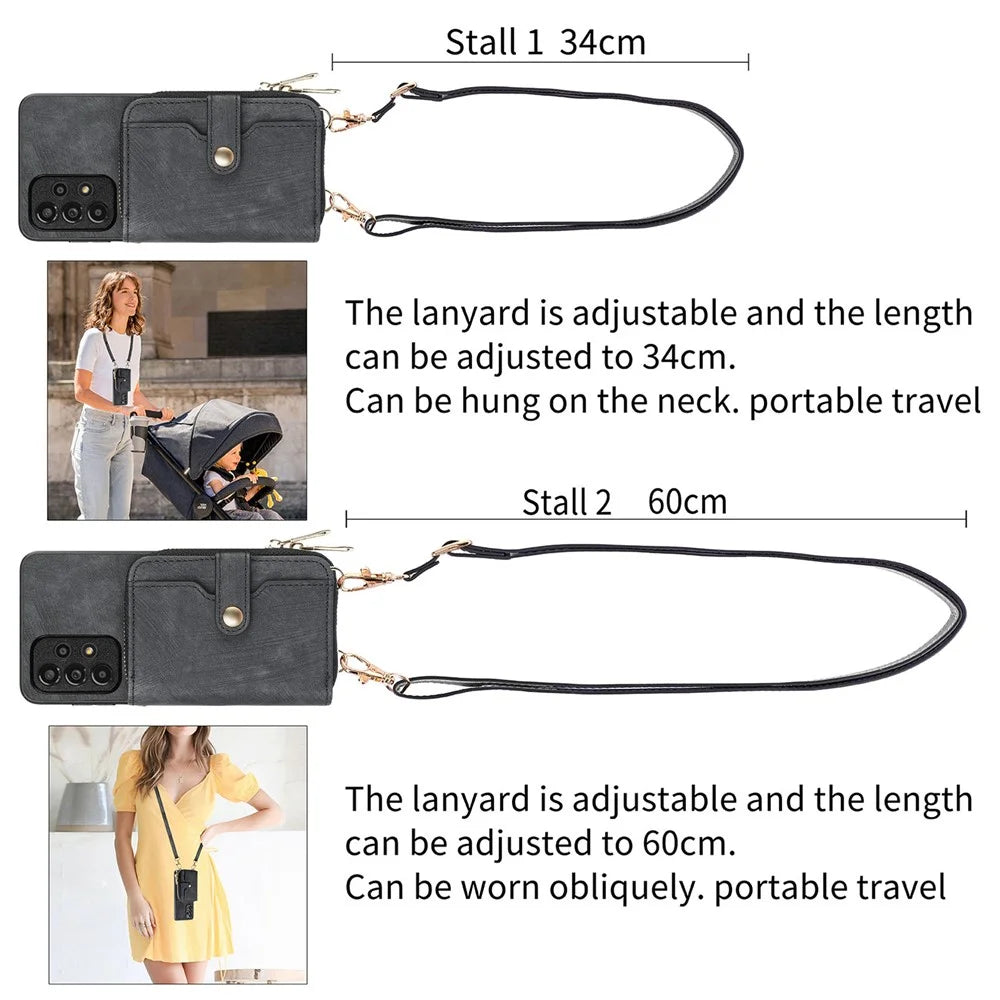 For Samsung Galaxy A56 5G PU Leather Phone Back Cover with Zipper Card Holder and Long Strap - Black - 5