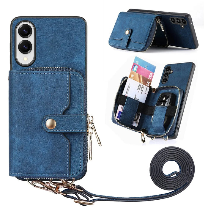 For Samsung Galaxy S25 Edge PU Leather Phone Back Cover with Zipper Card Holder and Long Strap - Blue - 1