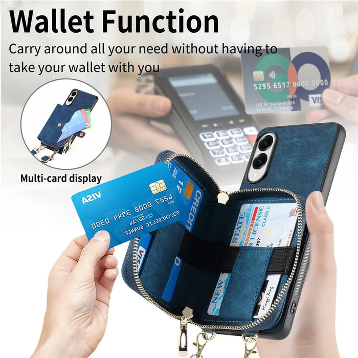 For Samsung Galaxy S25 Edge PU Leather Phone Back Cover with Zipper Card Holder and Long Strap - Blue - 4