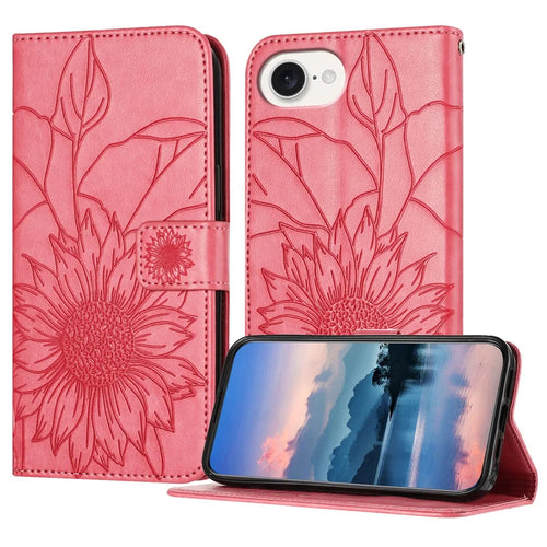 For iPhone 17e / 16e Case Sunflower Imprinted Wallet Stand Folio Flip Leather Cover - Rose - 1