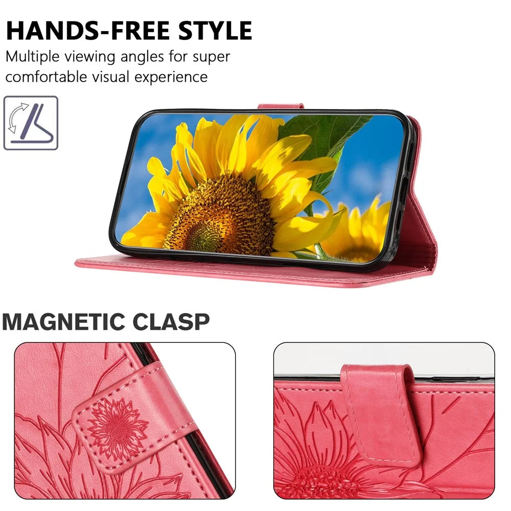 For iPhone 17e / 16e Case Sunflower Imprinted Wallet Stand Folio Flip Leather Cover - Rose - 3
