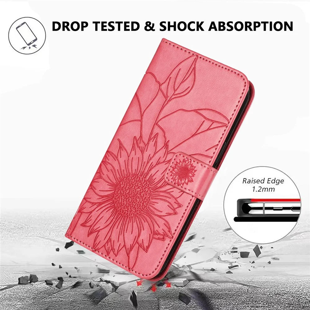 For iPhone 17e / 16e Case Sunflower Imprinted Wallet Stand Folio Flip Leather Cover - Rose - 6