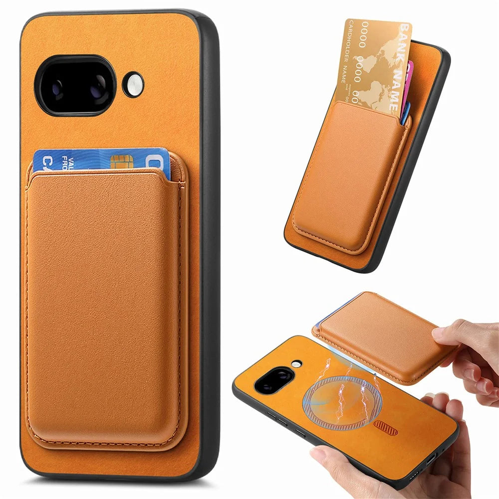 For Google Pixel 9a Case Detachable Magnetic Card Bag Leather Phone Back Cover - Orange - 1