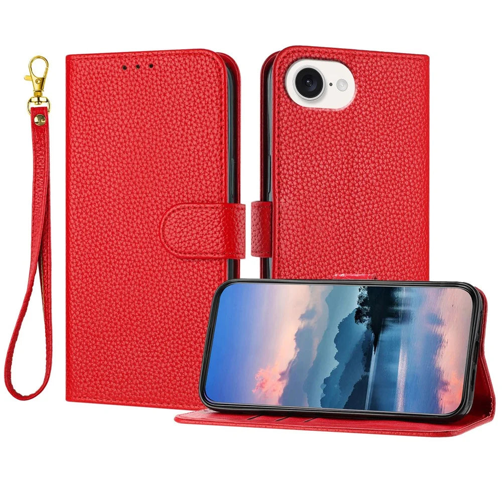 For iPhone 17e / 16e Leather Case Litchi Texture Wallet Stand Anti Drop Phone Cover with Wrist Strap - Red - 1