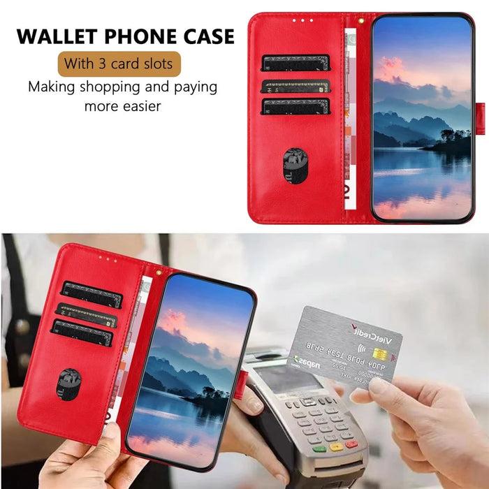 For iPhone 17e / 16e Leather Case Litchi Texture Wallet Stand Anti Drop Phone Cover with Wrist Strap - Red - 2