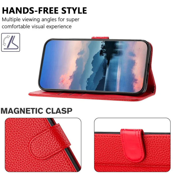 For iPhone 17e / 16e Leather Case Litchi Texture Wallet Stand Anti Drop Phone Cover with Wrist Strap - Red - 3