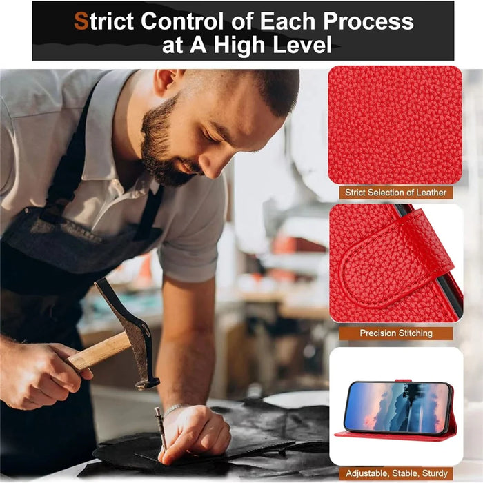 For iPhone 17e / 16e Leather Case Litchi Texture Wallet Stand Anti Drop Phone Cover with Wrist Strap - Red - 4