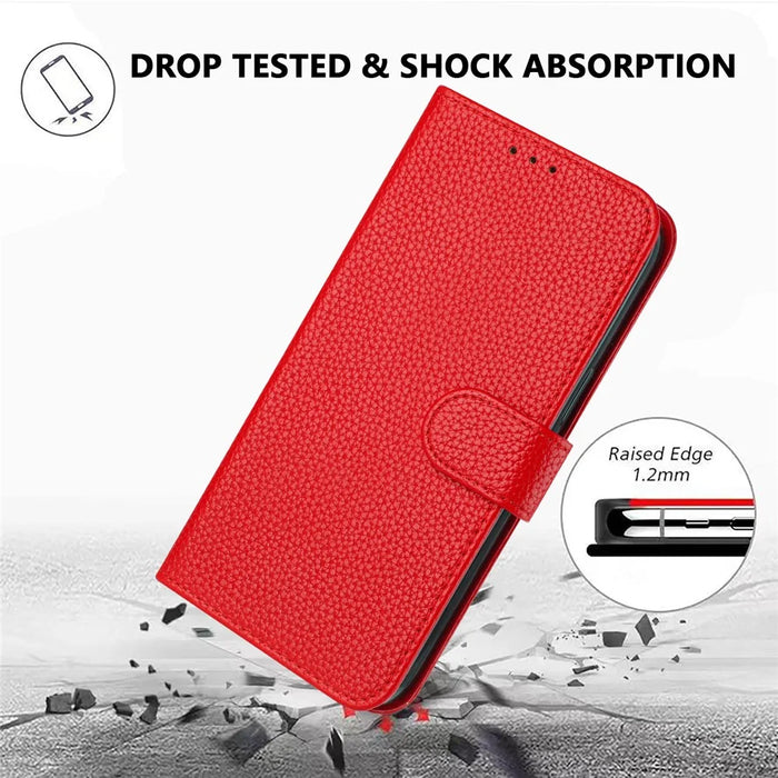For iPhone 17e / 16e Leather Case Litchi Texture Wallet Stand Anti Drop Phone Cover with Wrist Strap - Red - 5
