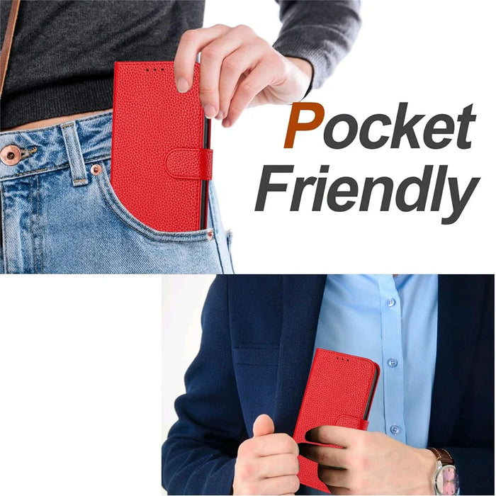 For iPhone 17e / 16e Leather Case Litchi Texture Wallet Stand Anti Drop Phone Cover with Wrist Strap - Red - 6