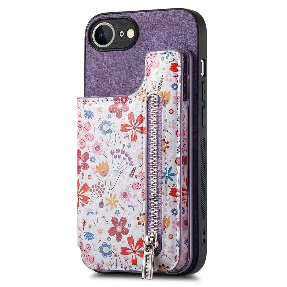 For iPhone 17e / 16e Leather Phone Cover with RFID Blocking Zipper Card Bag Kickstand - Purple - 1