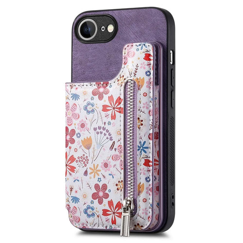 For iPhone 17e / 16e Leather Phone Cover with RFID Blocking Zipper Card Bag Kickstand - Purple - 1