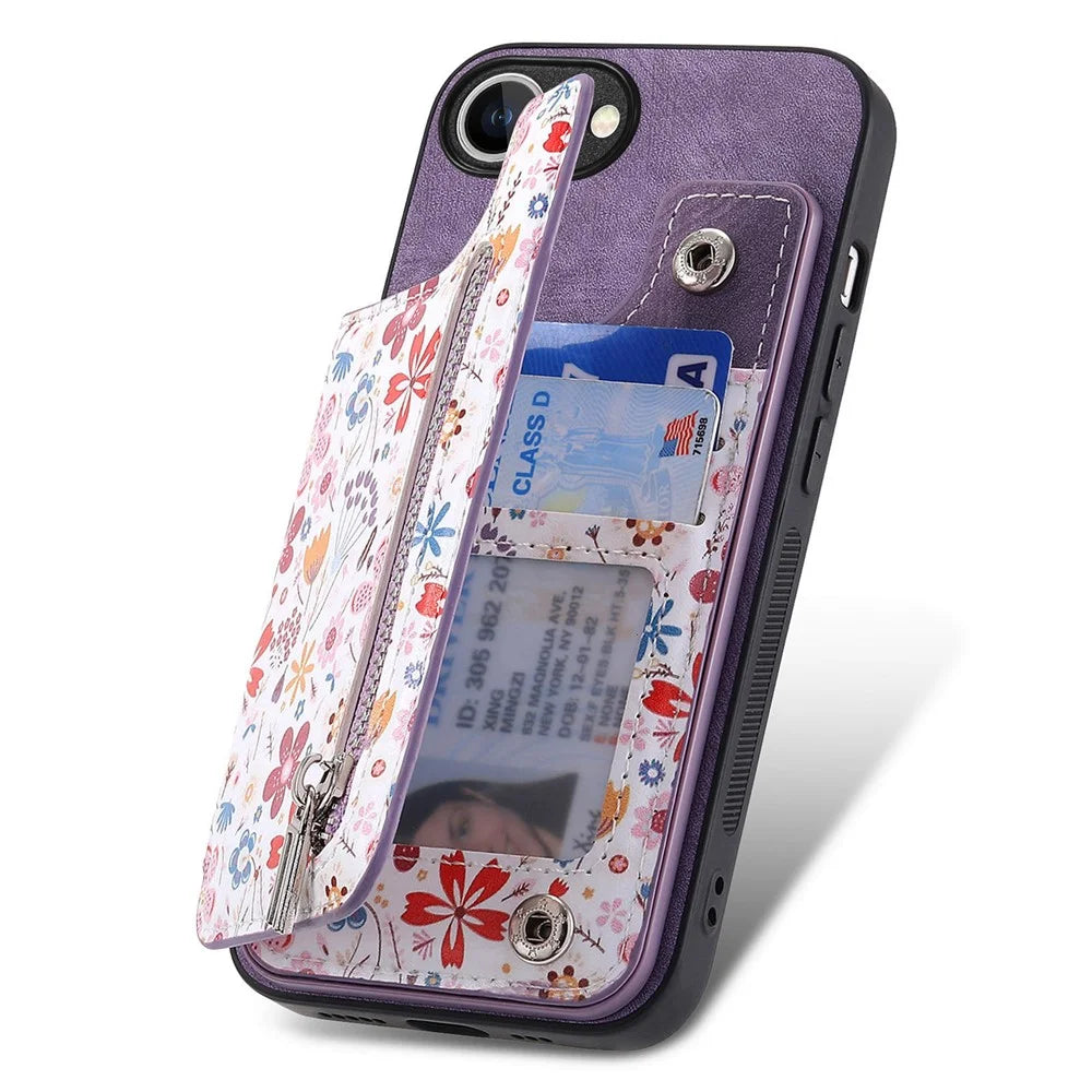 For iPhone 17e / 16e Leather Phone Cover with RFID Blocking Zipper Card Bag Kickstand - Purple - 3