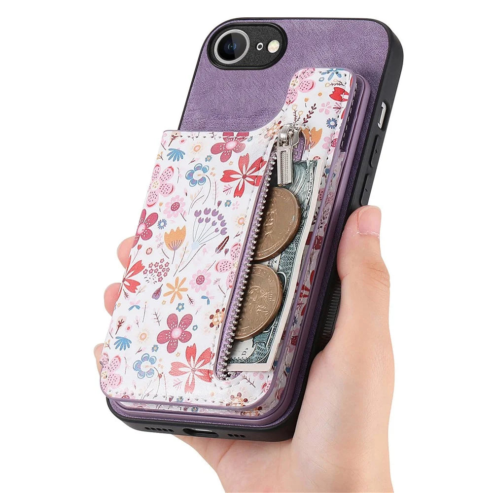 For iPhone 17e / 16e Leather Phone Cover with RFID Blocking Zipper Card Bag Kickstand - Purple - 5