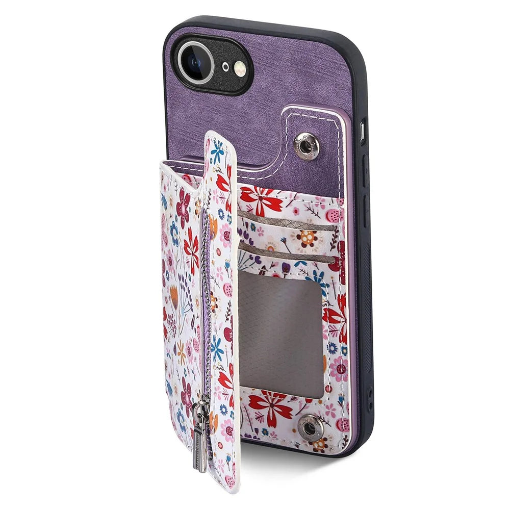 For iPhone 17e / 16e Leather Phone Cover with RFID Blocking Zipper Card Bag Kickstand - Purple - 6