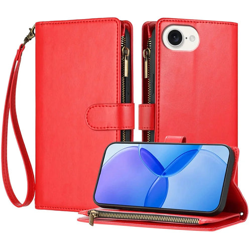 For iPhone 17e / 16e Leather Case Zipper Wallet Stand Shockproof Phone Cover with Wrist Strap - Red - 1
