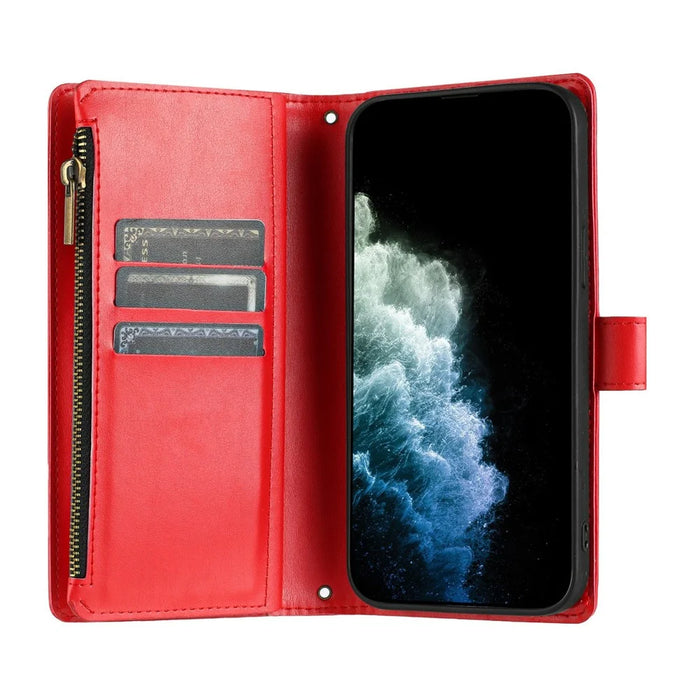 For iPhone 17e / 16e Leather Case Zipper Wallet Stand Shockproof Phone Cover with Wrist Strap - Red - 2