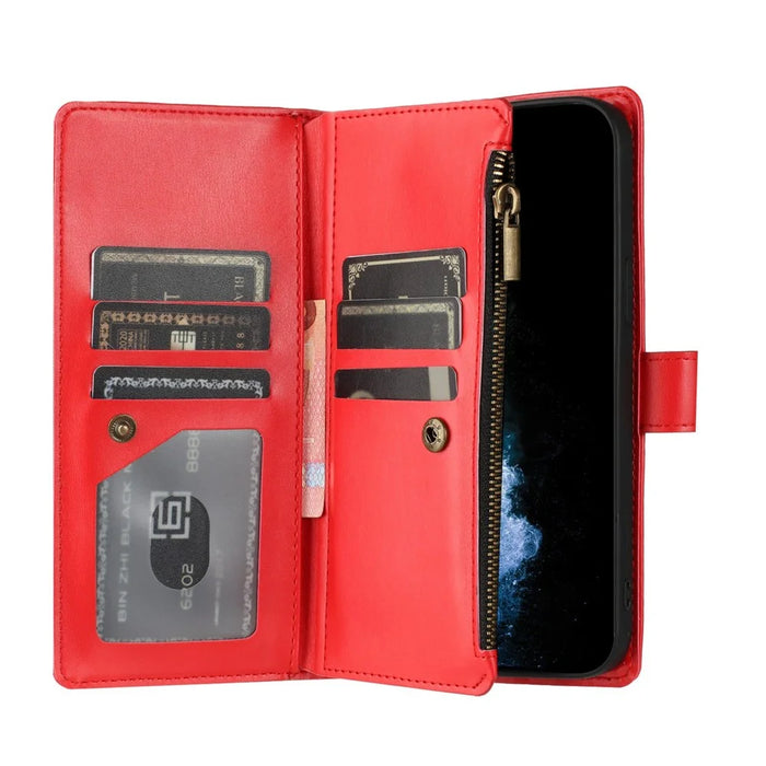 For iPhone 17e / 16e Leather Case Zipper Wallet Stand Shockproof Phone Cover with Wrist Strap - Red - 3